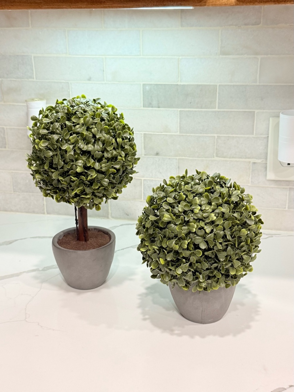 Set of 2 Faux Boxwood Topiary Plants Small Artificial Trees Grey Pots